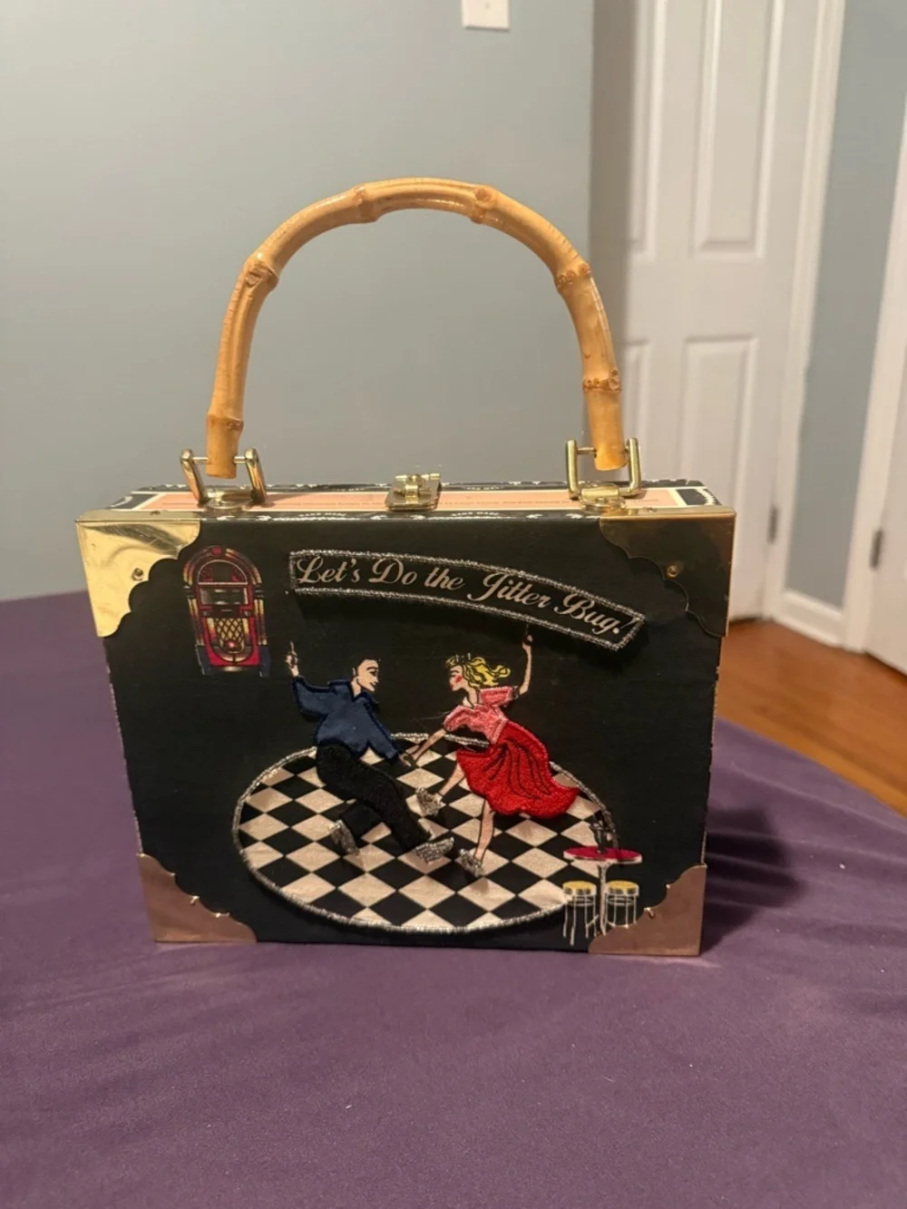 Vintage Cigar Box Purse Jitterbug Dancing Rockabilly Beaded Bamboo Handle Bag